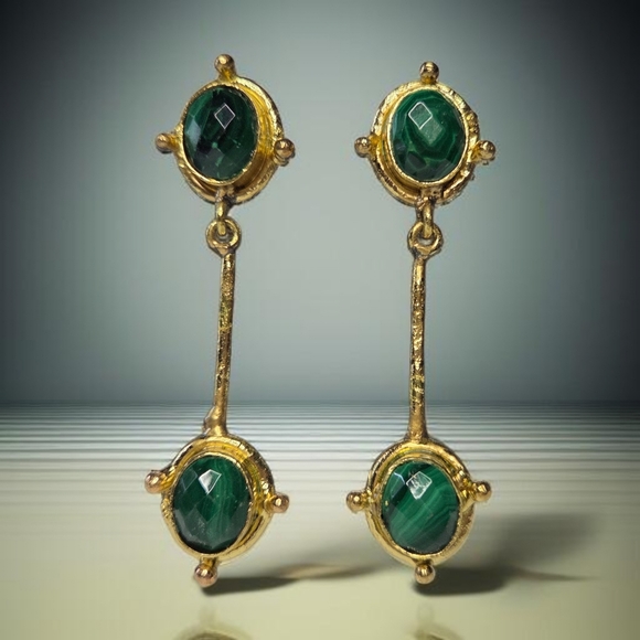 Designer Jewelry - 18k Gold Plated Artisan Natural Malachite Stone Drop Dangle Earrings